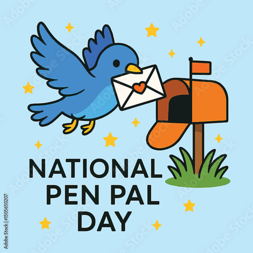 National Pen Pal Day card featuring cute cartoon birds and floral decorations