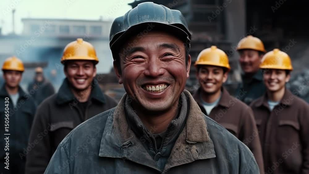 A smiling factory worker stands proudly in front of his colleagues, showcasing a sense of teamwork and dedication in an industrial environment A smiling factory worker stands proudly in front of his colleagues, showcasing a sense of teamwork and dedication in an industrial environment