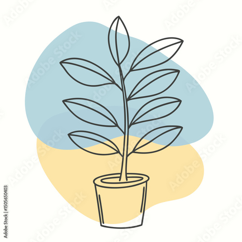 Minimalist Plant in Pot Outline Against Abstract Blue and Yellow Background Illustration