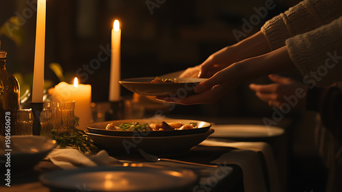 Elegant table setting with pasta and candles high resolution picture