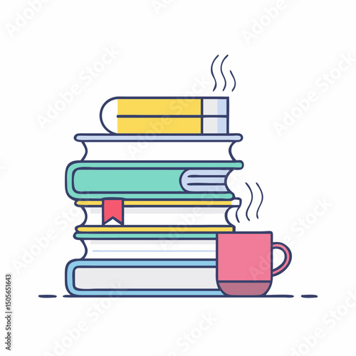 Whimsical stack of books with steaming drink, perfect for studying and relaxing