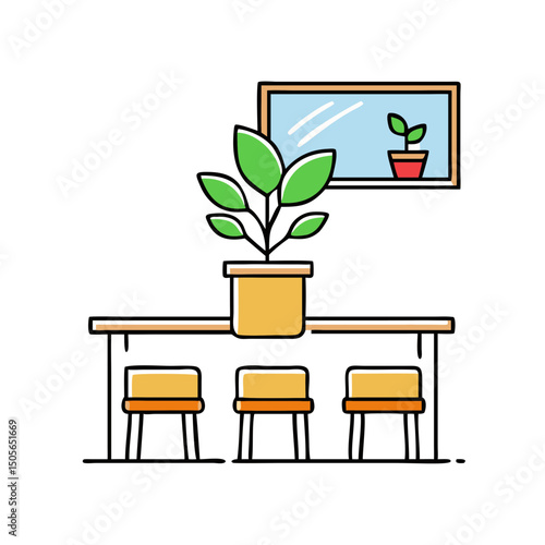 Indoor Scene with Table, Chairs, Potted Plants, and Window with Reflection