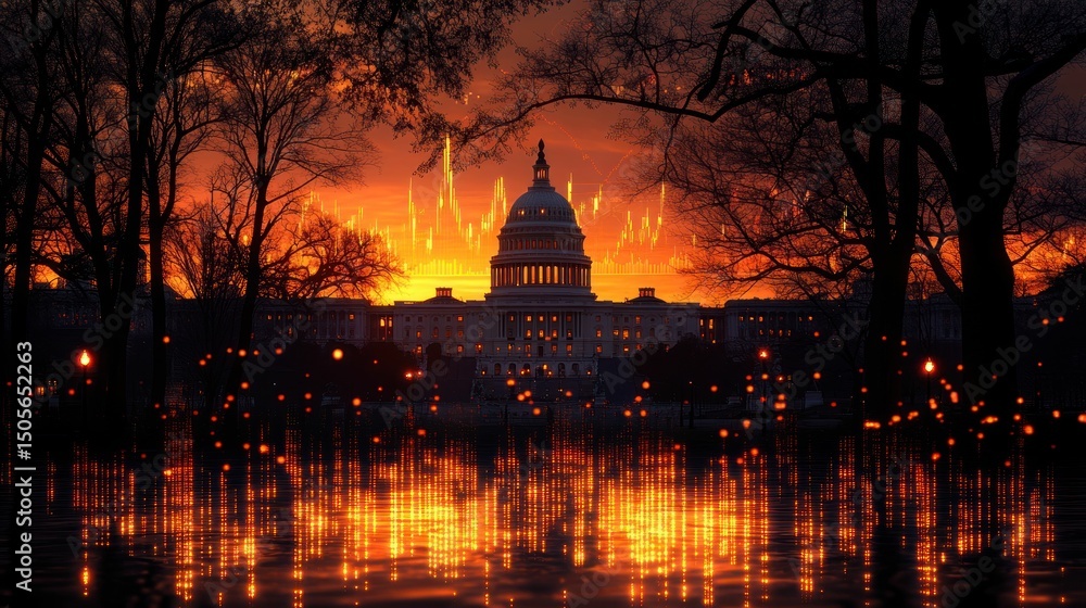 Obraz premium Capitol Building ablaze, fiery sunset, ominous reflection