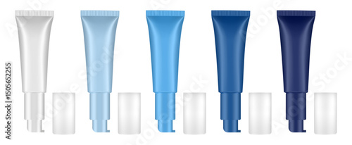 Set of cosmetic tubes with pump and transparent cap. White, light blue, azure, navy and midnight blue bottles.. Gel, serum or foundation. Korean packaging.