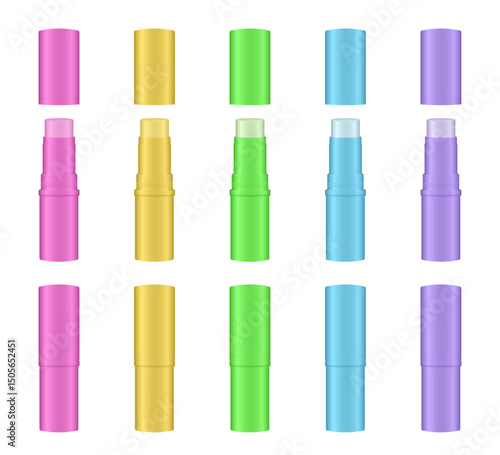 Mockup of open and closed lip baim tubes. Cosmetic stick. Tinted lip balm. Lipstick. Pink, yellow, green, blue and violet colors