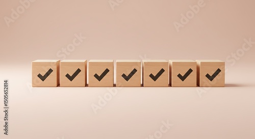 Seven Wooden Cubes with Checkmarks on Pale Background