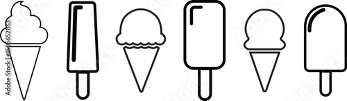 Ice cream black outline silhouette icons set. Balls in waffle cone, soft serve sundae and popsicle on stick. Vectors and png elements for minimal summer design, Sweet snack illustration collection.