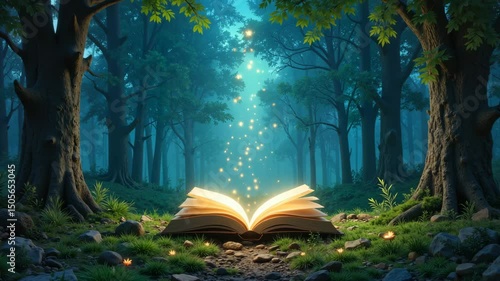 Enchanted open book glowing with magic in a mystical forest  