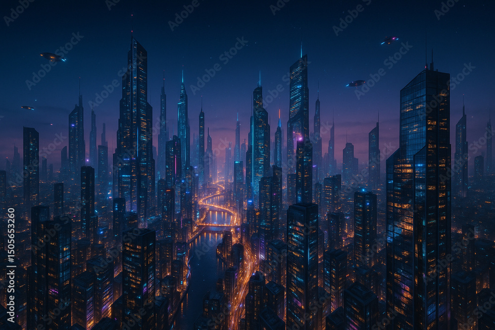 Fototapeta premium A mesmerizing aerial view of a futuristic city at night — glowing skyscrapers with neon accents, floating vehicles weaving through the sky, a river of light running through the city center, reflection
