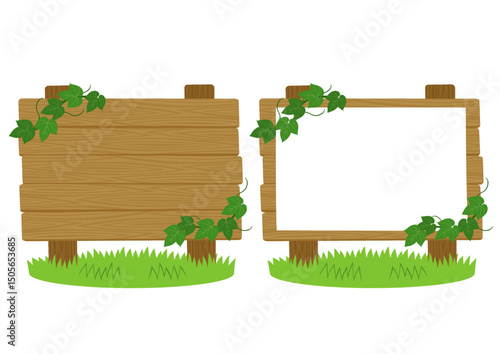 葉が巻き付いている木製の四角い看板と草のイラストのセット_棒2本
