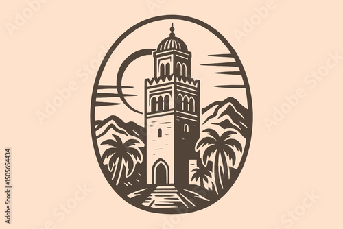 Moroccan tower and palm trees engraving style vector illustration

