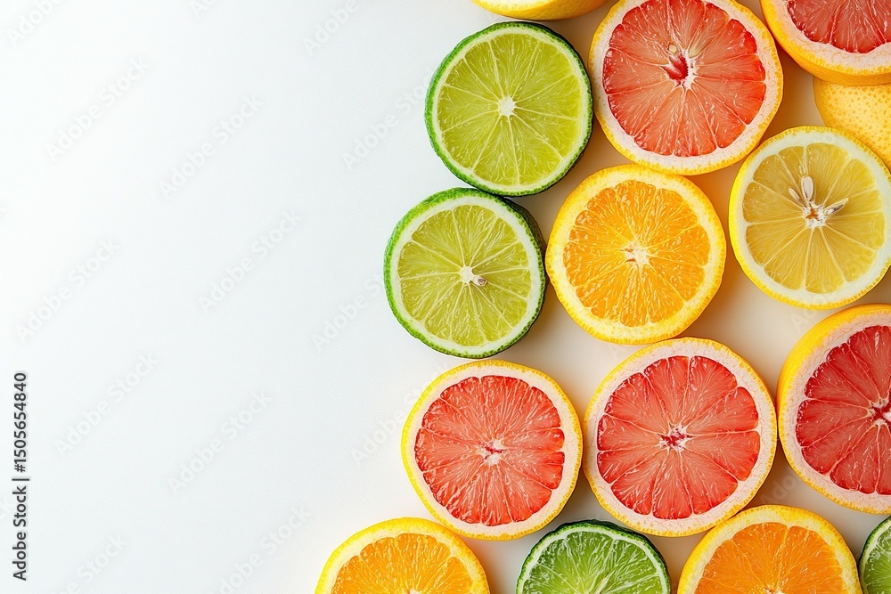 A row of oranges and limes are sliced and arranged on a white background A row of oranges and limes are sliced and arranged on a white background