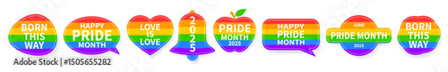 Happy pride month. Set of rainbow icons. Love is love, rainbow flag, lgbt pride. June 2025. Shapes of heart, apple, bell and speech bubble.