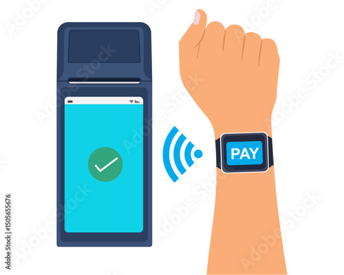 Contactless payment wireless cashless payments with smartwatch digital transaction vector illustration
