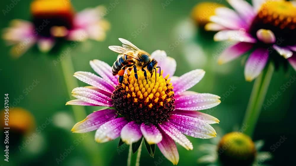 Buzzing honeybee collects nectar from vibrant flowers in a tranquil garden Buzzing honeybee collects nectar from vibrant flowers in a tranquil garden