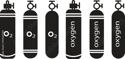 O2 gas cylinder flat icons set. Compressed oxygen tank vectors. Scuba diver illustration collection. Breathing and Industrial Equipment Symbols. LPG propane bottle container. Canister fuel storage.