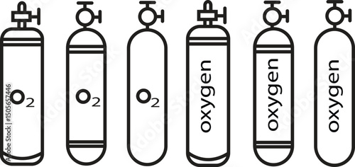 O2 gas cylinder outline icons set. Compressed oxygen tank vectors. Scuba diver illustration collection. Breathing and Industrial Equipment Symbols. LPG propane bottle container. Canister fuel storage.