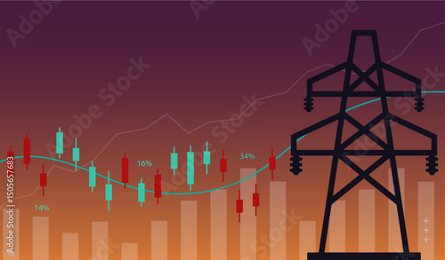 Energy Market Stock Trading and Power Grid Fluctuations. Vector template.