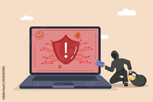 Online Credit Card Fraud Alert: A Hacker Stealing Payment Information from a Vulnerable Laptop.