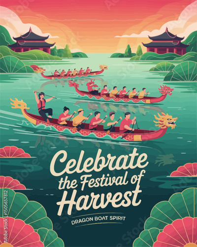 Social vector ad with lively dragon boat theme. Dragon Boat Festival Vector Art for Greetings, Posters, Ads and Social Media