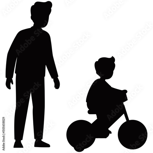 Silhouette vector of a father teaching his child to ride a bicycle, capturing a heartwarming parenting moment with the adult offering guidance and support beside the bike-riding kid.