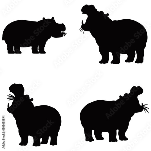 Silhouette vector set of four hippos in different poses, including grazing and roaring, emphasizing the massive body and iconic shape of this wild African animal.