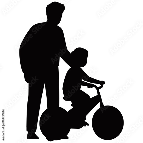 Silhouette vector of a father teaching his child to ride a bicycle, capturing a heartwarming parenting moment with the adult offering guidance and support beside the bike-riding kid.