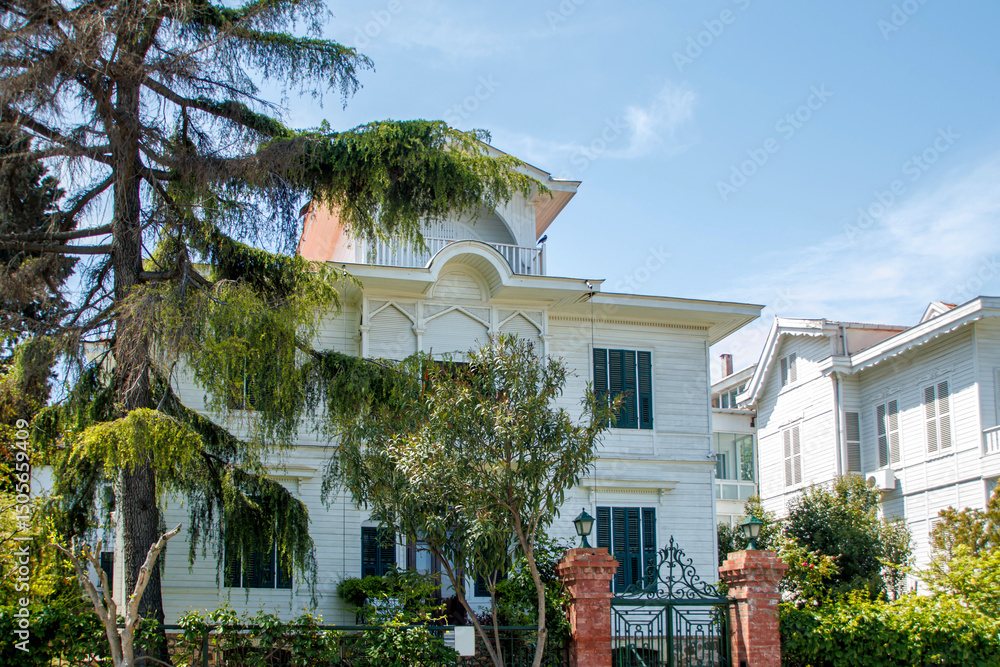 Fototapeta premium white wooden island houses with blue sky in background in istanbul