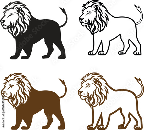 Lion vector set flat and outline style. Premium wild animal crest symbols. Lion logos convey strength, power and leadership. Can be used as a logo or brand mark, symbolizing courage and determination.
