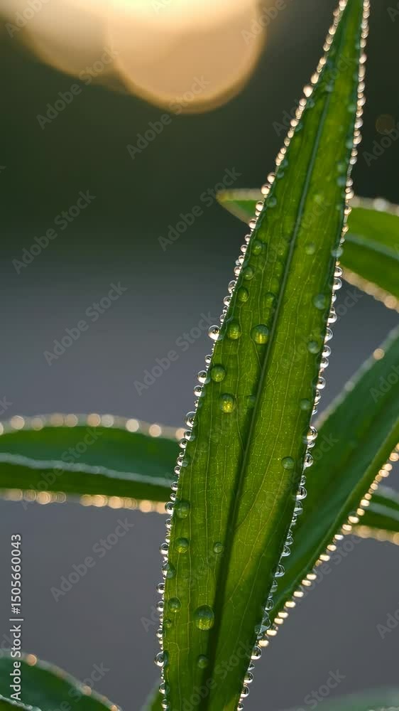 Macro shot of fresh dewy green leaf illuminated by golden sunrise light, early morning nature detail capturing purity, hydration and botanical texture clarity Macro shot of fresh dewy green leaf illuminated by golden sunrise light, early morning nature detail capturing purity, hydration and botanical texture clarity