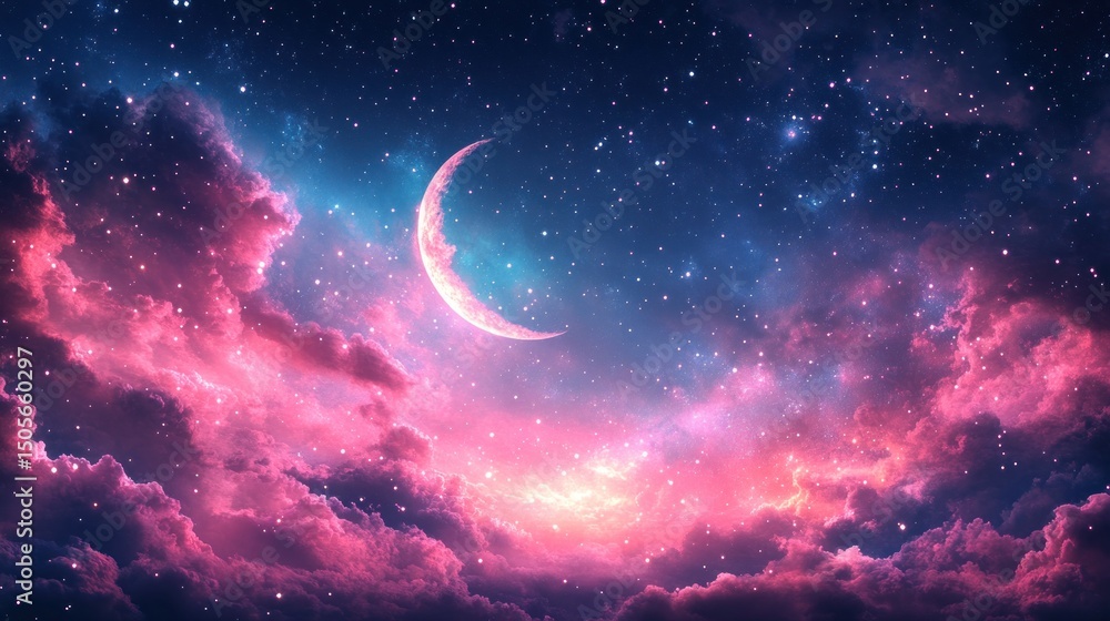 Crescent moon, starry night, pink cloudscape, dreamy fantasy, cosmic background Crescent moon, starry night, pink cloudscape, dreamy fantasy, cosmic background