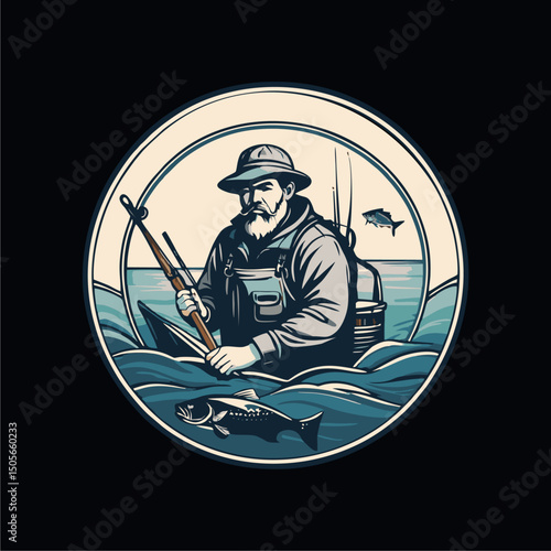 Fisherman design illustration for ready-to-print t-shirts, brooches and logos
