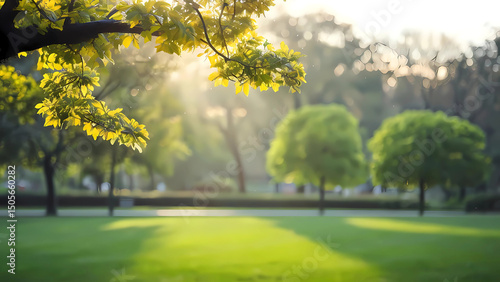 Peaceful Morning Park Scene with Trees and Sunlight Digital Illustration