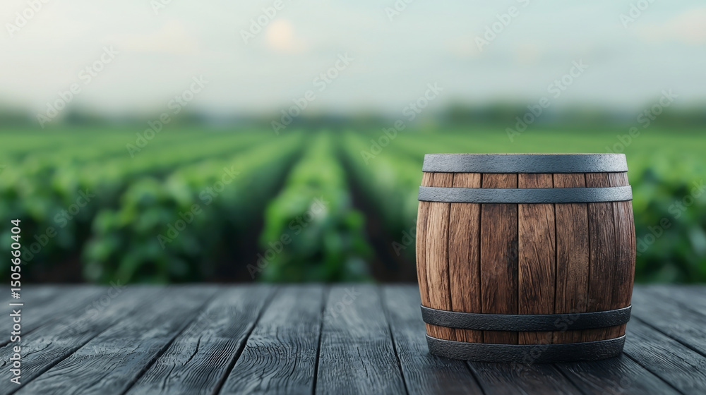 A rustic wooden barrel stands on a table with lush vineyards in the background. A rustic wooden barrel stands on a table with lush vineyards in the background.