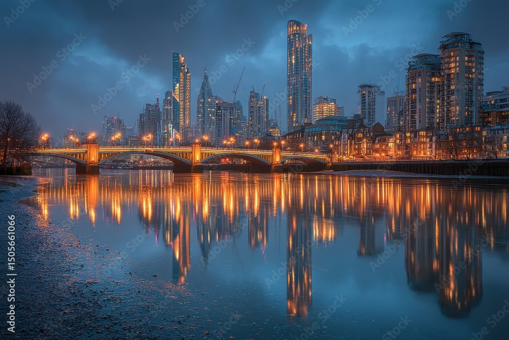 Fototapeta premium Illuminated city skyline reflecting on calm river at dusk.
