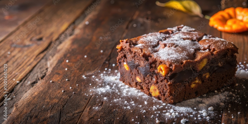 Fototapeta premium A Fudgy Chocolate Brownie with a Light Dusting of Powdered Sugar on a Rustic Wooden Surface