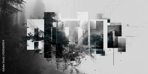 Explore an abstract glitch art piece featuring monochrome patterns and textures. This ethereal image combines geometric shapes with a foggy landscape