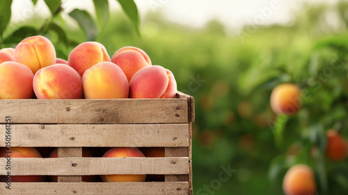 A wooden crate filled with fresh peaches ready for harvest in a sunny orchard.