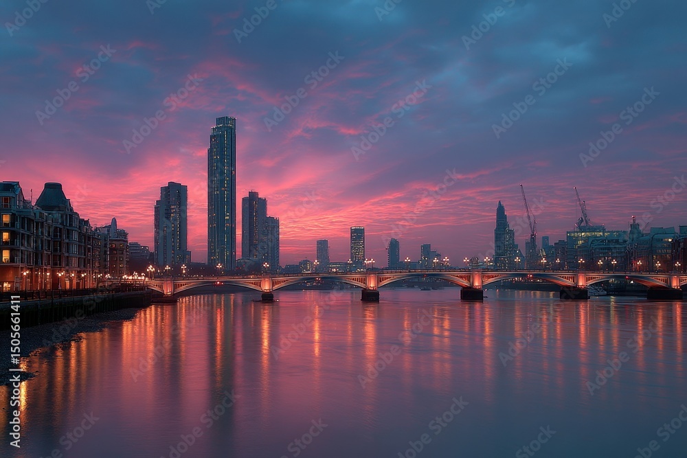 Fototapeta premium City skyline at dawn with vibrant pink sky reflecting in river.