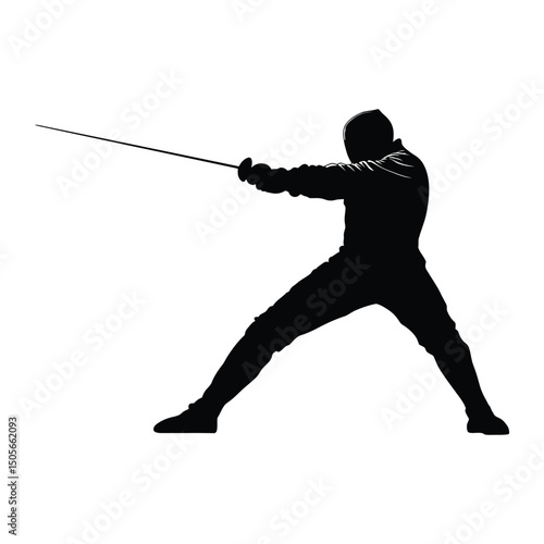 A fencer in mid-lung during a duel is a black-and-white silhouette vector designed for T-shirts, mugs, posters, and digital prints. Fully scalable and market-ready