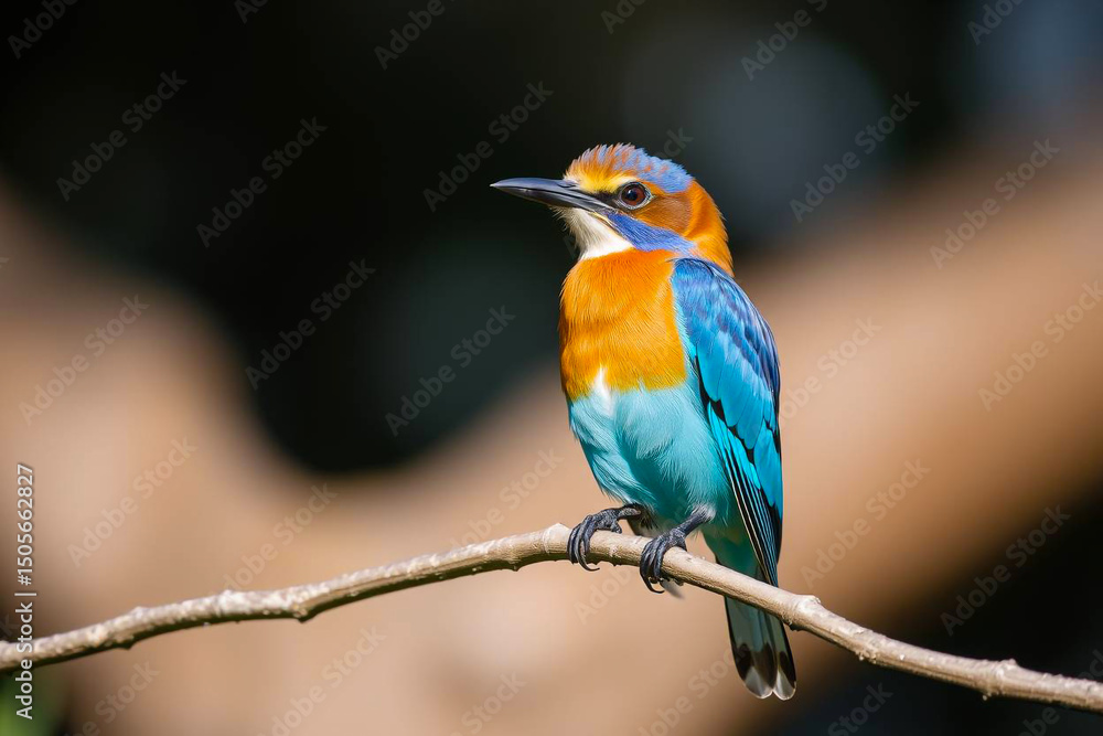 Fototapeta premium Stunning European Roller Perched on a Tree Branch, Showcasing Its Vivid Blue and Brown Plumage in a Serene Natural Setting, Vibrant Wallpaper