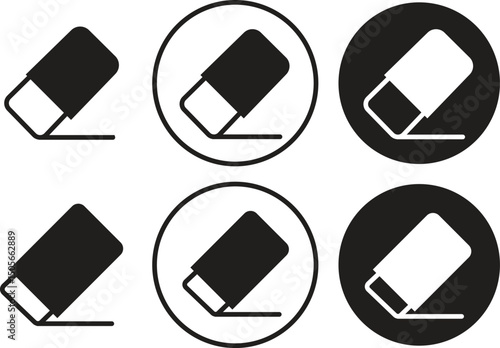 Eraser clean icons set in flat styles. Rubber eraser removing clearing content related to editing drawing deletion. Education and stationery signs vectors illustration for apps and website ui designs.