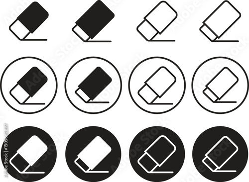 Eraser clean icons set flat, outline styles. Rubber eraser removing clearing content related to editing drawing deletion. Education, stationery signs vectors illustration for apps, website ui designs.