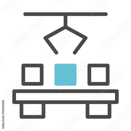 Automated production line icon depicting robotic arm and square item processing