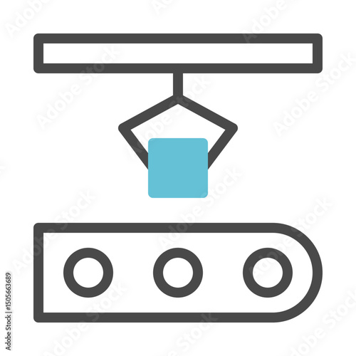 Minimalist illustration portraying industrial robotic arm assembly, blue square box