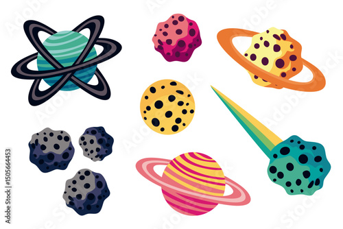 set of colorful planets and asteroids. Galaxy vector illustration