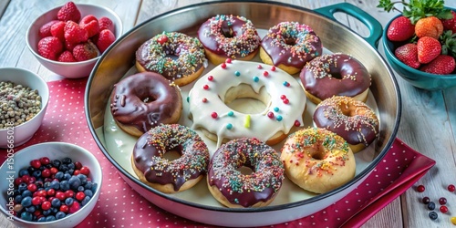 Wallpaper Mural A collection of freshly baked donuts, adorned with chocolate frosting, white glaze, and colorful sprinkles, awaits the final touches of decoration. Torontodigital.ca