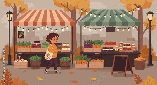 A woman casually strolling past vibrant outdoor market stalls filled with fresh produce, colorful goods, and local items, capturing the lively energy of a street shopping scene

