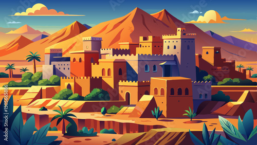 Traditional Moroccan architecture shines in Ait Benhaddou, where earthen clay buildings create a captivating scene, blending history and culture in this famous World Heritage site’s timeless beauty.

