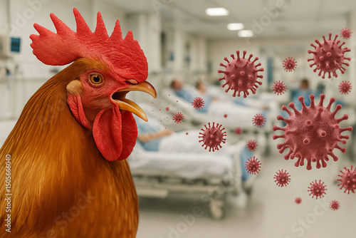 A chicken with the bird flu virus. In a hospital with sick people in an outbreak of bird flu in chickens, infecting humans and mammals with the disease transmitted by farmers using protective equipmen